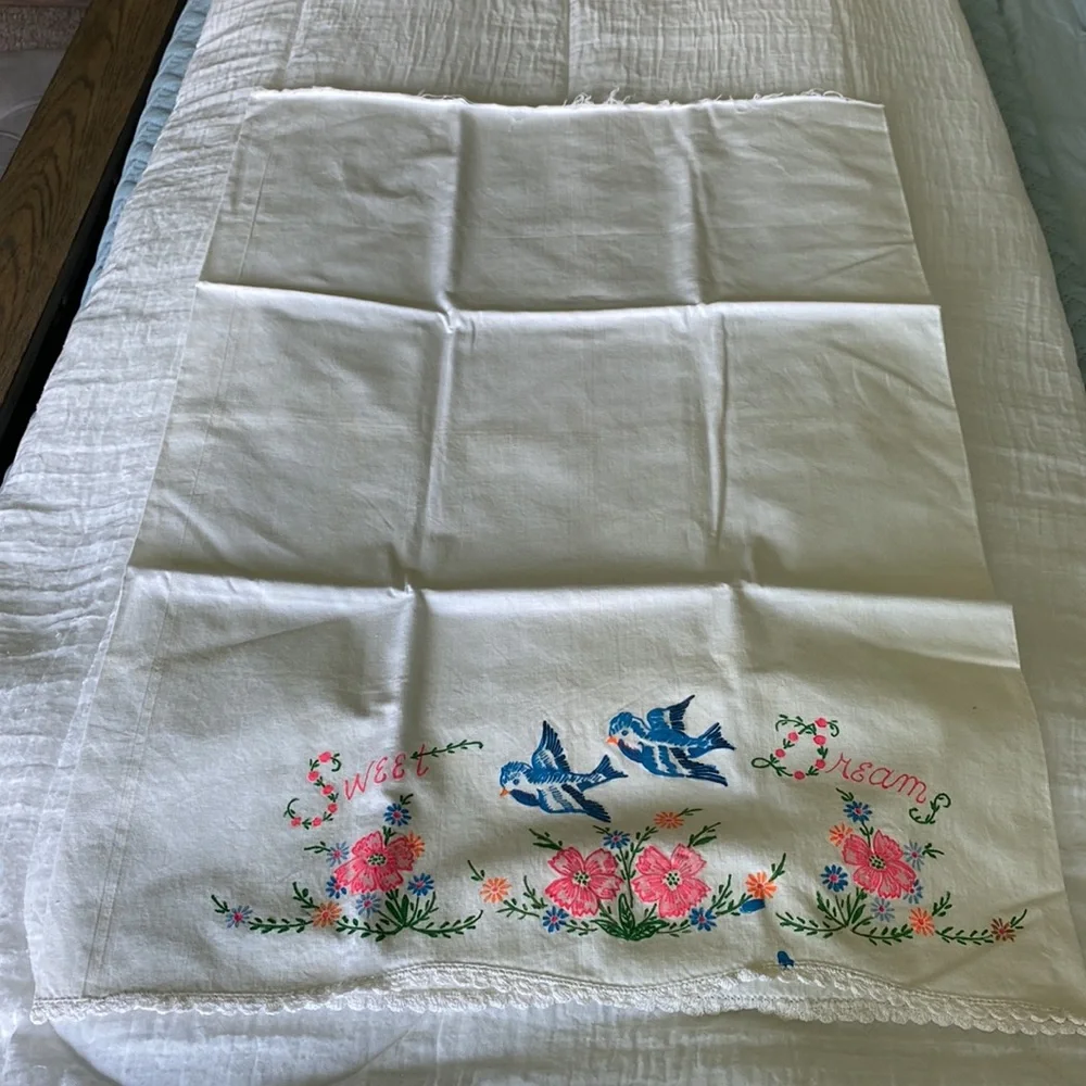 Vintage Pair Of Fabric Painted Bluebird Of Happiness Pillow Cases!
